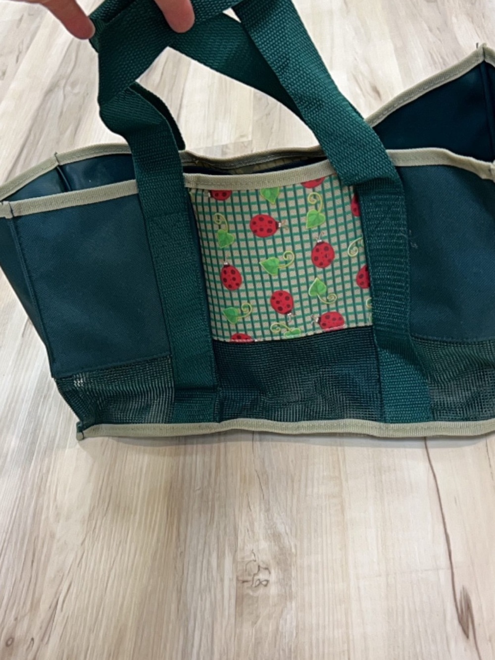 Green Mesh Garden Tote Bag with Ladybug Print